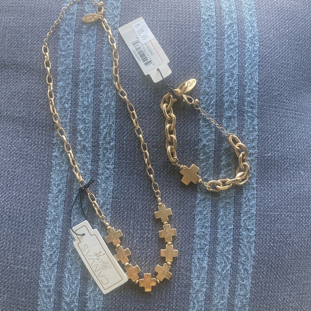 Gold cross necklace and bracelet bundle